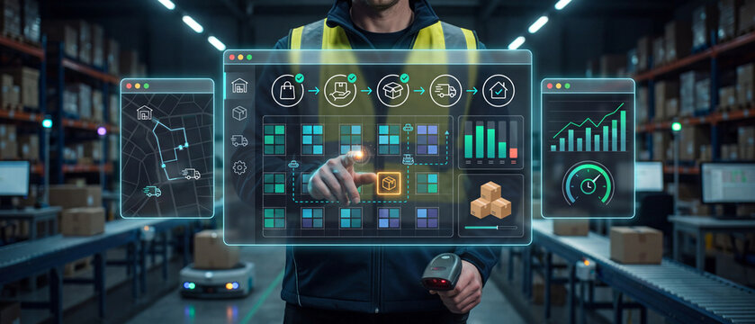 Warehouse employee monitoring stock delivery, fulfillment center operations and logistics network.
