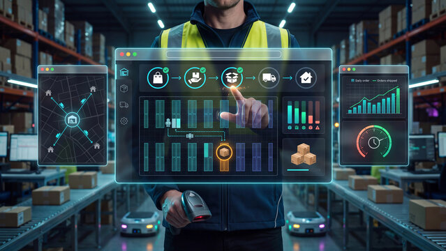 Warehouse employee monitoring stock delivery, fulfillment center operations and logistics network.