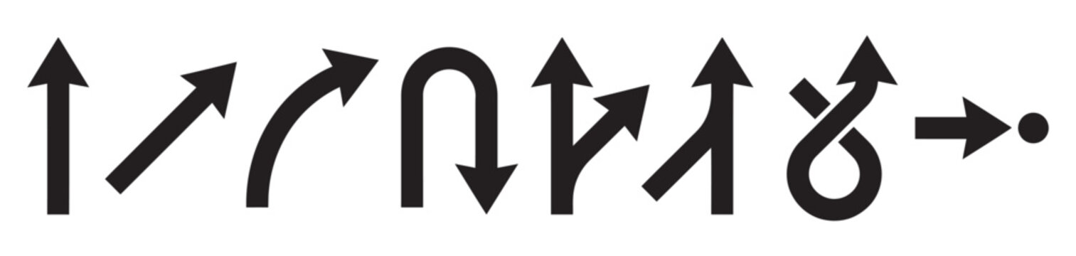 Variety of black arrow designs and styles including curves, loops and splits on white.