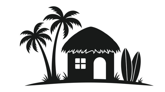 Tropical beach hut vector graphic featuring palm trees and surfboards for summer design projects