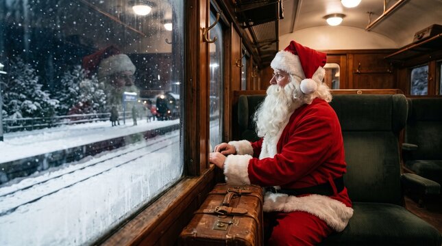 Santa Claus sitting on a train watching snow fall outside the window  