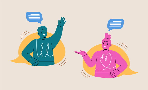 Boy and girl communicate via video link. The concept of online communication. Colorful vector illustration