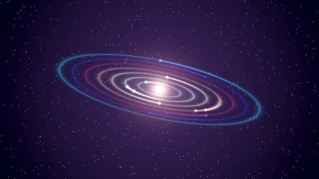 Glowing orbit rings seamless loop galaxy space bright star planetary system elliptical trails tilt and spin among stars in deep purple space for science intros VJ sets and cosmic backgrounds