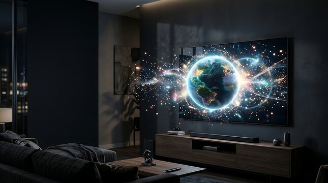 Glowing digital globe emerging from television screen in modern dark living room