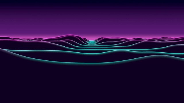 Neon terrain wireframe seamless loop synthwave hills cyan pink lines purple horizon retro landscape rolls toward a glowing vanishing point for VJ sets music clips and eighties backgrounds