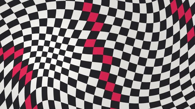 Warped checkerboard seamless loop black white red stripe psychedelic distortion trippy grid bends and swirls with a red wave for VJ sets music clips fashion intros and op art backgrounds