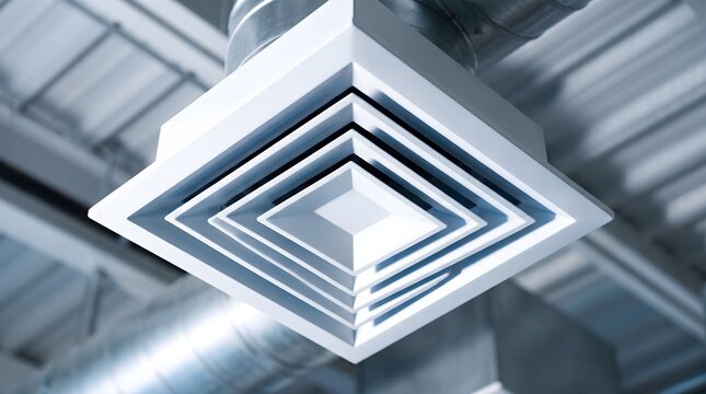 Square metal air diffuser mounted on a high ceiling of a modern industrial facility for professional HVAC systems and climate control indoor air quality concept.