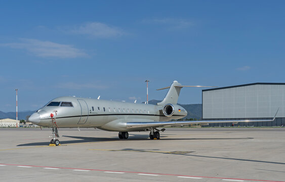 FAI rent-a-jet private airplane Bombardier Global 6000 parked at BGY Milano Bergamo international airport