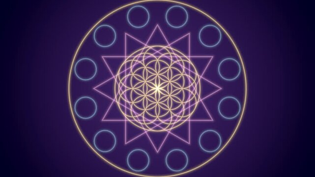 Sacred geometry seamless loop flower of life mandala glowing gold lines rotating star circle pattern turns in deep blue space for meditation yoga spiritual intros VJ sets and wellness visuals