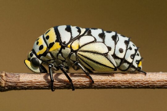 Macro shot of Aporia crataegi butterfly pupa on thin twig. White chrysalis with black veins, yellow spots rests on branch. Insect metamorphosis stage shows life cycle development in nature. Small