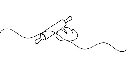Obraz premium Rolling pin with bread continuous one line drawing minimalist kitchen baking editable stroke vector illustration