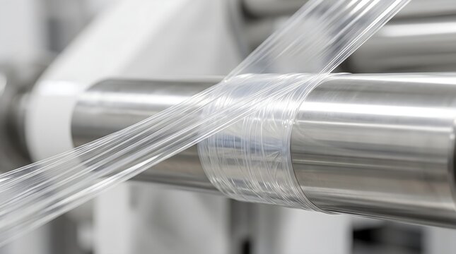 Close-up of transparent plastic film winding around a precision steel roller in a modern manufacturing facility for industrial packaging and supply chain efficiency.