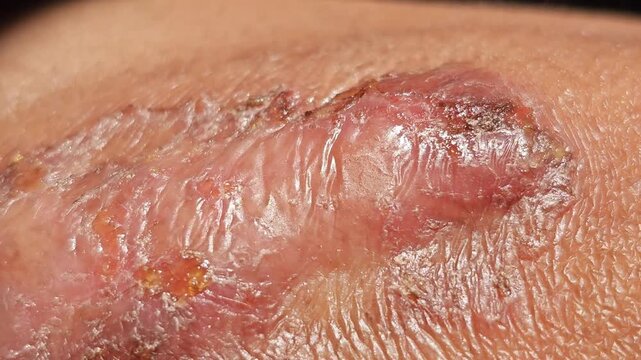 Macro close up of a healing wound on human skin showing the formation of a scab and shiny new tissue with peeling edges indicating the natural recovery and tissue repair process