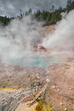 Beryl Spring right off the Grand Loop Road W side in the Gibbon Geyser Basin, large hot spring flowing at 91 &ordm;C in average. Yellowstone NP-WY-USA-027