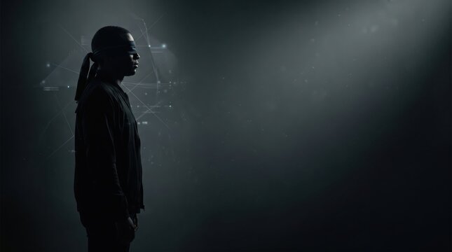 A blindfolded human silhouette stands in dark shadows amidst digital data webs. Exploring dangerous cults and destructive sects where minds are influenced. Conceptual imagery of psychological control.