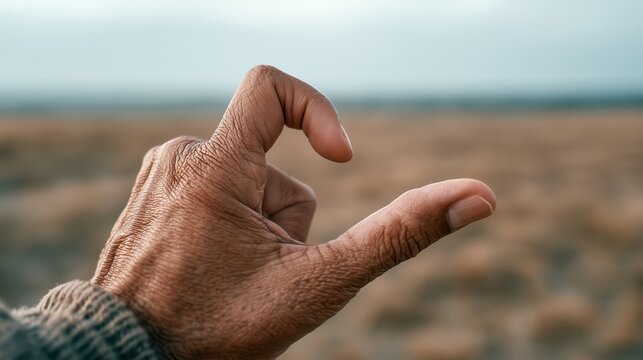 A hand gesture indicating a small amount. The focus is on the hand and its shape, with a blurred background of dry grass.