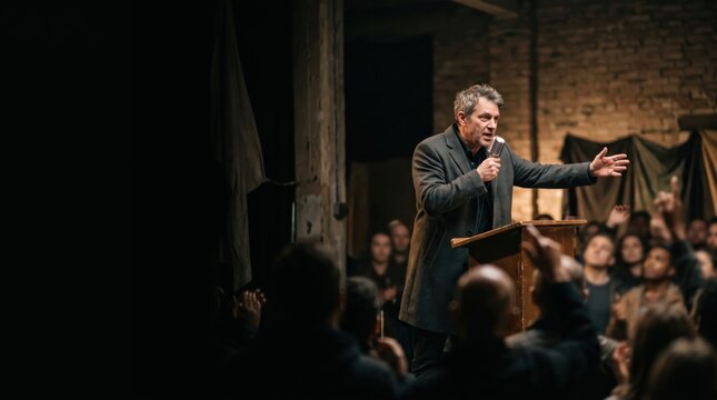 A leader addressing followers from a podium in a dim hall. Dangerous cult gathering and persuasive speech.