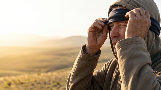 Person removing blindfold outdoors in a hilly landscape at sunrise. Awakening and psychological realization symbolizing liberation from dangerous cults and destructive sects.