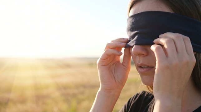 A young woman removing a dark blindfold from her eyes outdoors in a sunny field. Overcoming manipulation and psychological control in destructive sects and dangerous cults. Gaining awareness.