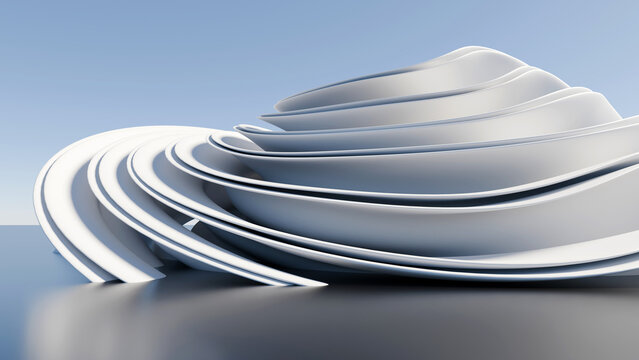 Abstract white spiral parametric building design, ideal for futuristic architectural presentation, tech background, and web banner