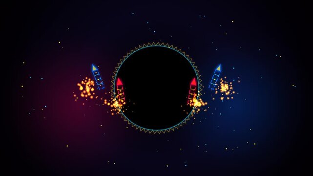 Neon Mandala Countdown Timer with Glowing Rockets and Particle Sparks on Dark Background for Festive Events
