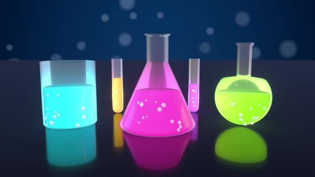 Chemistry laboratory glassware seamless loop bubbling colorful liquids flasks beaker test tubes cyan pink yellow lime glow on a reflective bench for science education school lessons and lab promos