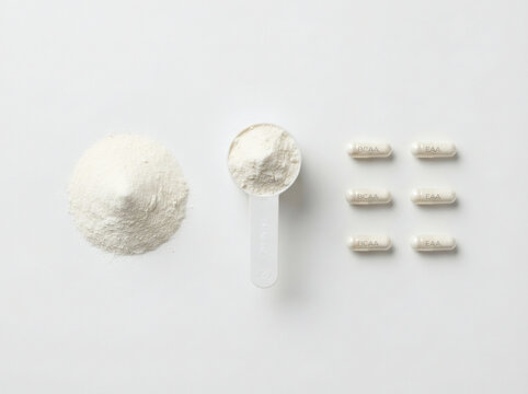 Premium fitness sport nutrition supplement grid collage flatlay with white protein powder plastic scoop and amino acid capsules isolated on clean white background