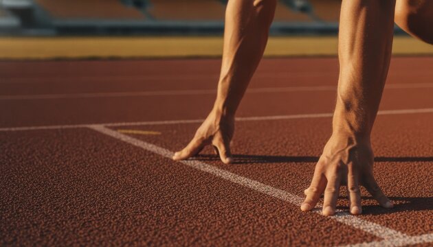 Sprinter in starting position on athletic track