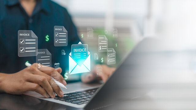 Invoicing management with electronic invoice documents and digital billing interface, business professional managing payment, accounting records and financial workflow on laptop in modern office