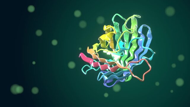 Green fluorescent protein seamless loop GFP ribbon model beta barrel molecular structure rotating colorful strands over dark green bokeh for biotech research science lessons and lab promos