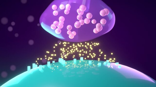 Synapse neurotransmitters release seamless loop nerve signal vesicles receptors neuroscience glowing particles cross the synaptic gap to a cyan membrane for neurology education and medical promos