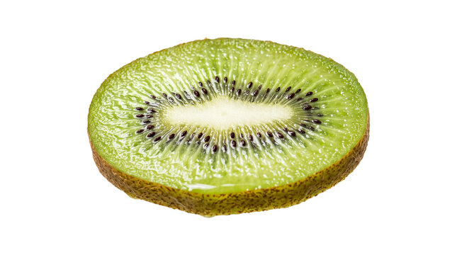 Fresh kiwi slice showing green pulp and black seeds for healthy diet recipes promotion.