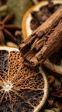 Cinnamon bark on dried lime slices and star anise spice composition