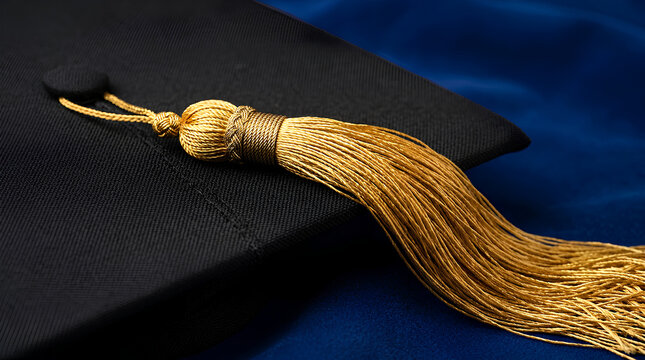 Elegant graduation cap with golden tassel resting on a rich blue fabric background exemplifying academic achievement and