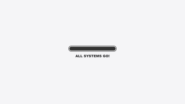 Minimalist loading progress bar transitioning to a 3D rocket launch animation on white background.
