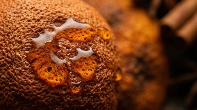 Close up of citrus rind with essential oil droplets and vibrant texture