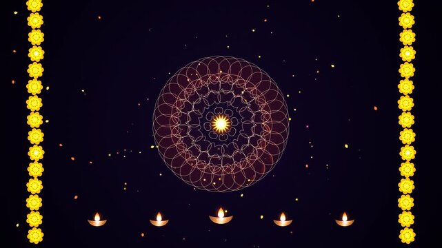 Diwali Mandala Portal with Glowing Golden Oil Lamps and Floral Borders, Festive Indian Religious Background for Celebration