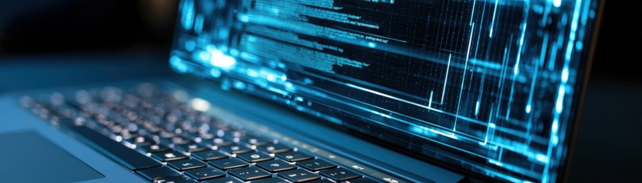 A close-up of a laptop keyboard with digital data and code overlaying the screen, programming and cybersecurity, AI gadget tech