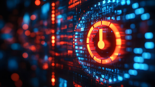 A futuristic digital interface displays a glowing orange buffering symbol against a backdrop of scrolling binary code and dynamic data streams, conveying high-tech processing.