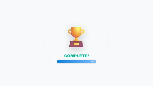 System Loading Progress Bar Animation with Golden Trophy Award Completion on White Background.