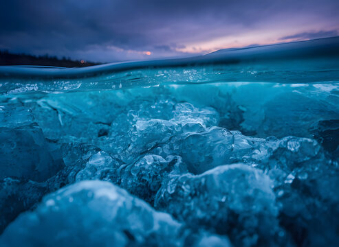 Mystical frozen Lake Baikal showing trapped turquoise methane ice bubbles beneath crystal clear surface at twilight