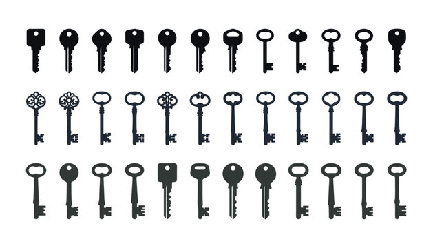 Vintage antique and modern key silhouettes collection with ornate skeletal door keys and security padlocks hardware vector illustration