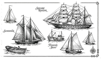Vintage nautical sailing ships illustration set, monochrome hand drawn tall ship schooner and fishing boat, maritime vector clipart © Mary
