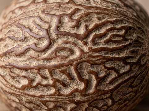 Close-up of nutmeg shell showing intricate textures and patterns