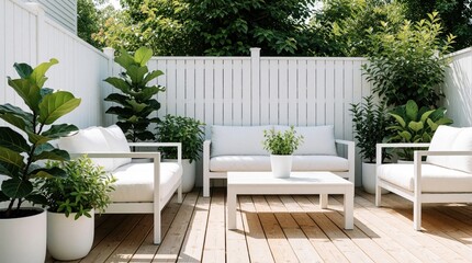 Fototapeta premium Minimalist backyard deck with white outdoor furniture, green potted plants. Modern Scandinavian style patio features wooden floor, white sofa, armchairs, coffee table. Bright airy terrace garden