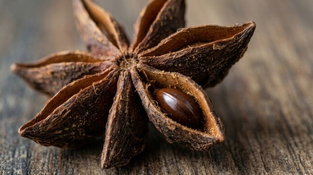 Close up of star anise pod revealing internal structure and seed