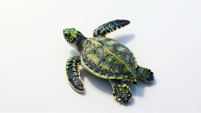 Green sea turtle hatchling on white background