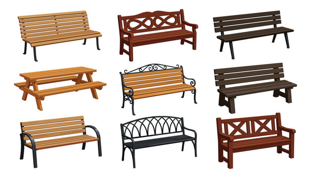 Wooden and metal park benches vector set isolated perspective views of outdoor garden furniture street seats and picnic table