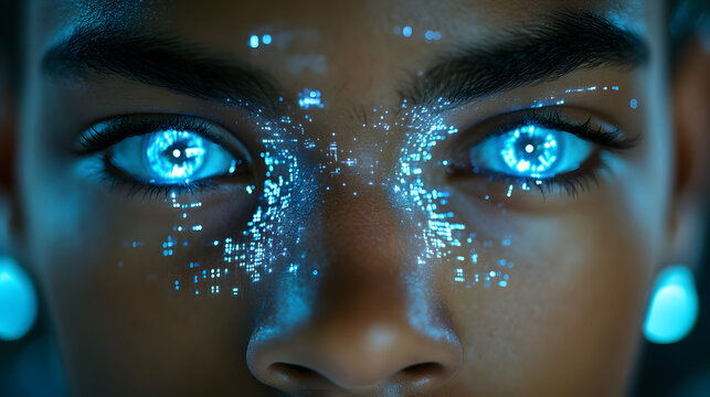 Close-up of a human face with glowing blue digital data streams across the eyes and skin, suggesting advanced augmented reality or neural interface technology in a futuristic setting.