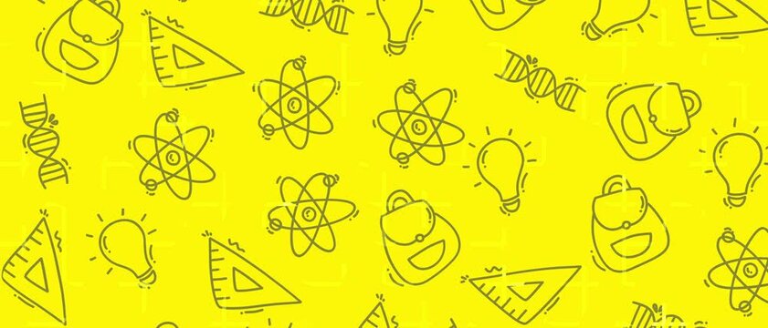 Animated seamless pattern featuring hand-drawn school icons like backpacks, lightbulbs, DNA strands, and rulers on a bright yellow background. Ideal for educational content.